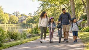 Family walking together on a sunny tree-lined path beside a pond, with a child on a scooter and an adult guiding a bicycle.