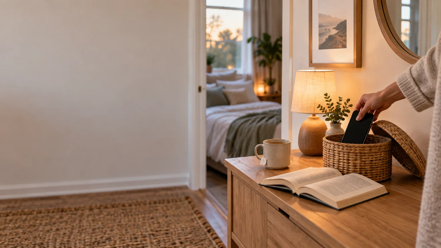 Warm bedroom entryway with a person placing a smartphone into a lidded woven basket beside a lamp, tea mug, and open book.