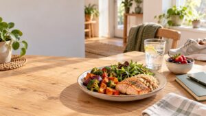 Sunlit wooden table set with a salmon, grain, and roasted vegetable meal, a bowl of berries, lemon water, notebook, and athletic shoes in a plant-filled home.