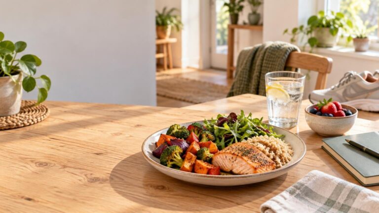 Sunlit wooden table set with a salmon, grain, and roasted vegetable meal, a bowl of berries, lemon water, notebook, and athletic shoes in a plant-filled home.