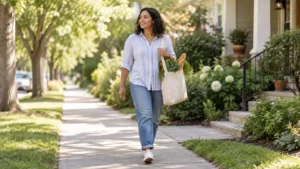 Woman walking along a leafy residential sidewalk carrying a reusable grocery bag filled with vegetables and bread.