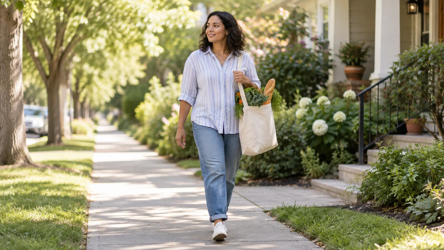 Woman walking along a leafy residential sidewalk carrying a reusable grocery bag filled with vegetables and bread.