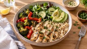 Warm overhead view of a large bowl with grilled chicken, broccoli, red peppers, leafy greens, cucumber, avocado, and grains on a wooden table, with lemon, herbs, sauce, and a fork nearby.