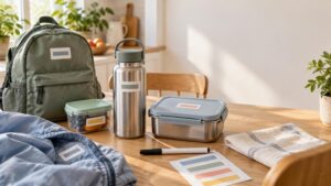 Sunlit kitchen table with a backpack, stainless steel water bottle, lunch containers, and blank colored name-label stickers.