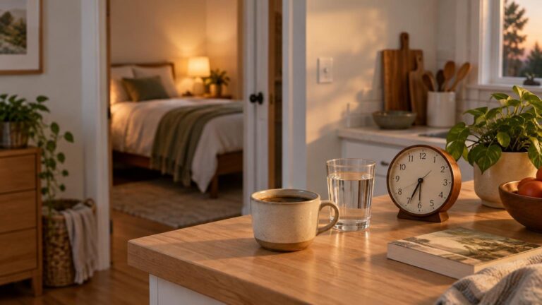 Warm sunset-lit home interior with a cup of coffee, glass of water, and analog clock on a kitchen table, with a softly lit bedroom visible through an open doorway.