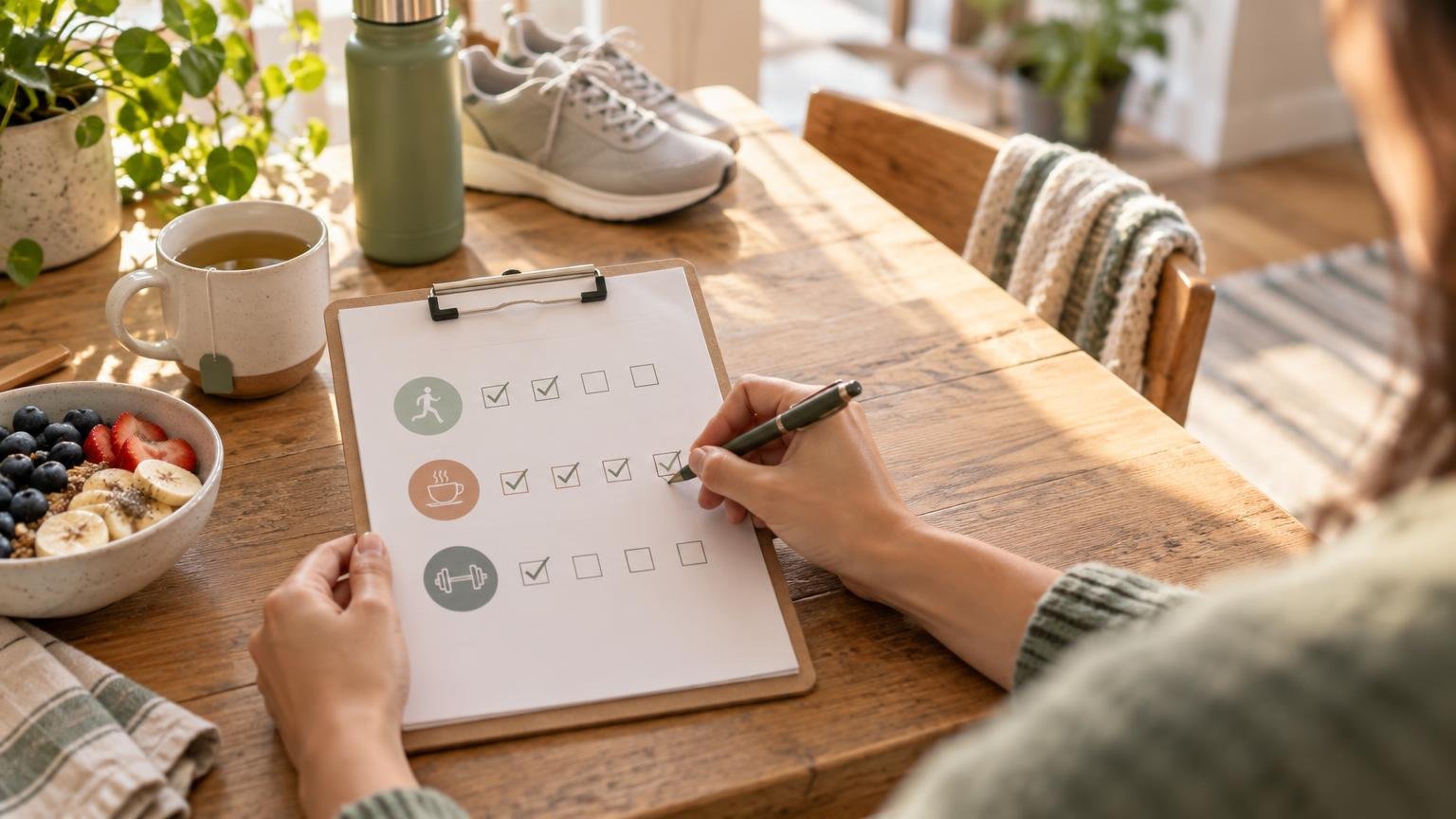 Person marking a simple habit checklist on a clipboard at a sunlit wooden table with a bowl of fruit, tea, water bottle, sneakers, and houseplants.