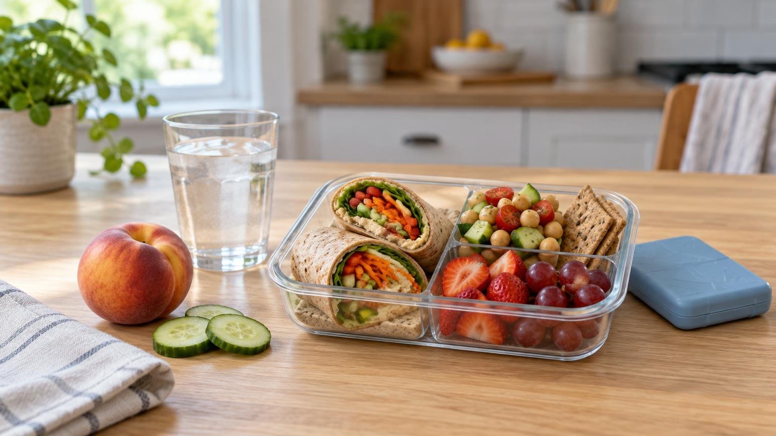 Glass meal-prep container with vegetable wraps, chickpea salad, crackers, strawberries, and grapes on a sunlit kitchen table, beside a peach and glass of water.