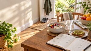 Sunlit home dining table with a bowl of yogurt, berries and cereal, avocado toast, a glass of water, fruit, and an open illustrated weekly planner; walking shoes sit near the door in the background.
