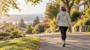 Rear view of a woman in a light jacket and black leggings walking down a sunlit residential street, carrying a water bottle, with trees, gardens, and distant hills in the background.