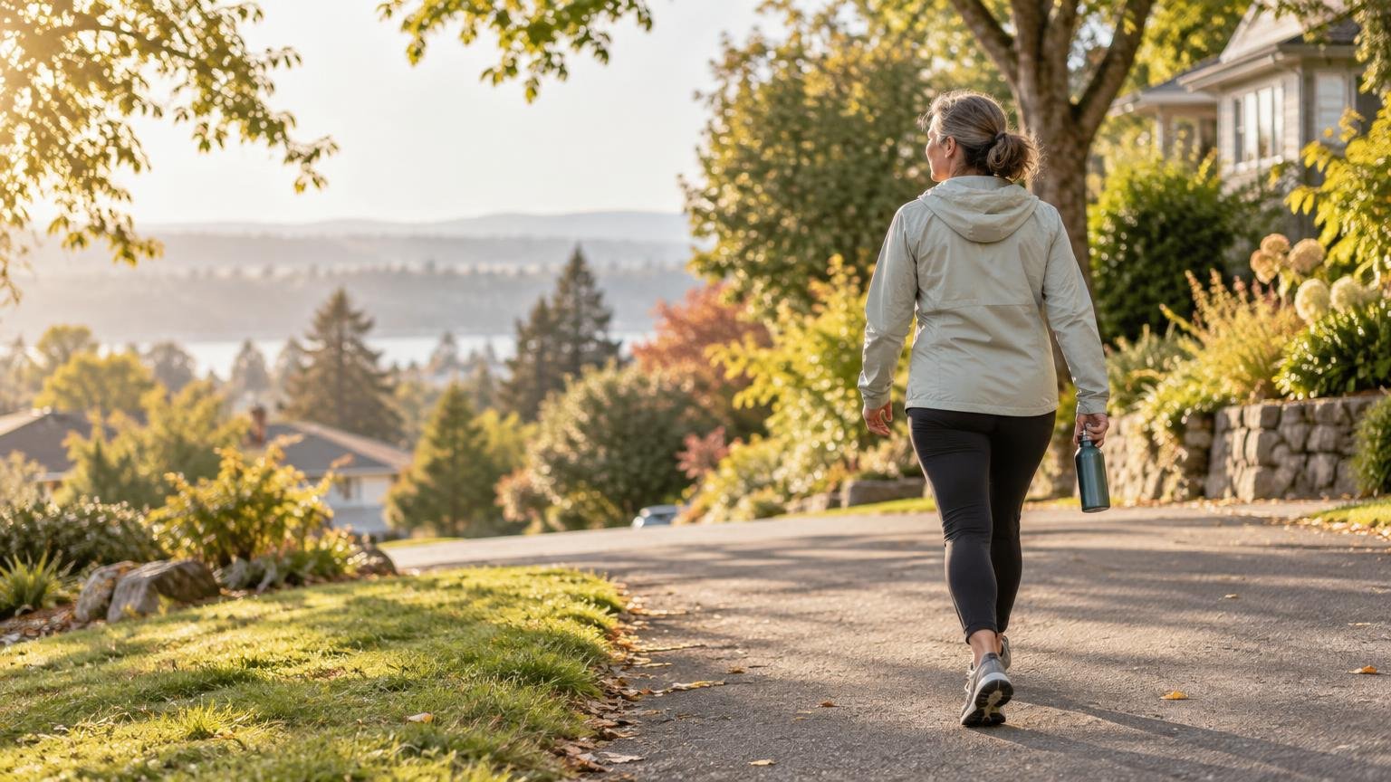Rear view of a woman in a light jacket and black leggings walking down a sunlit residential street, carrying a water bottle, with trees, gardens, and distant hills in the background.